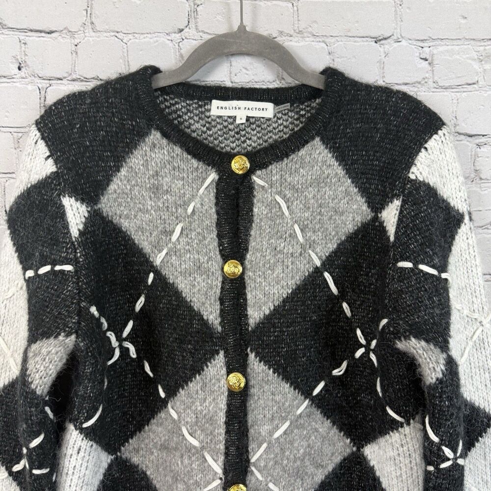English Factory Argyle Cardigan Women S Heavyweight Cross Stitch Knit Black Gray - Picture 5 of 13